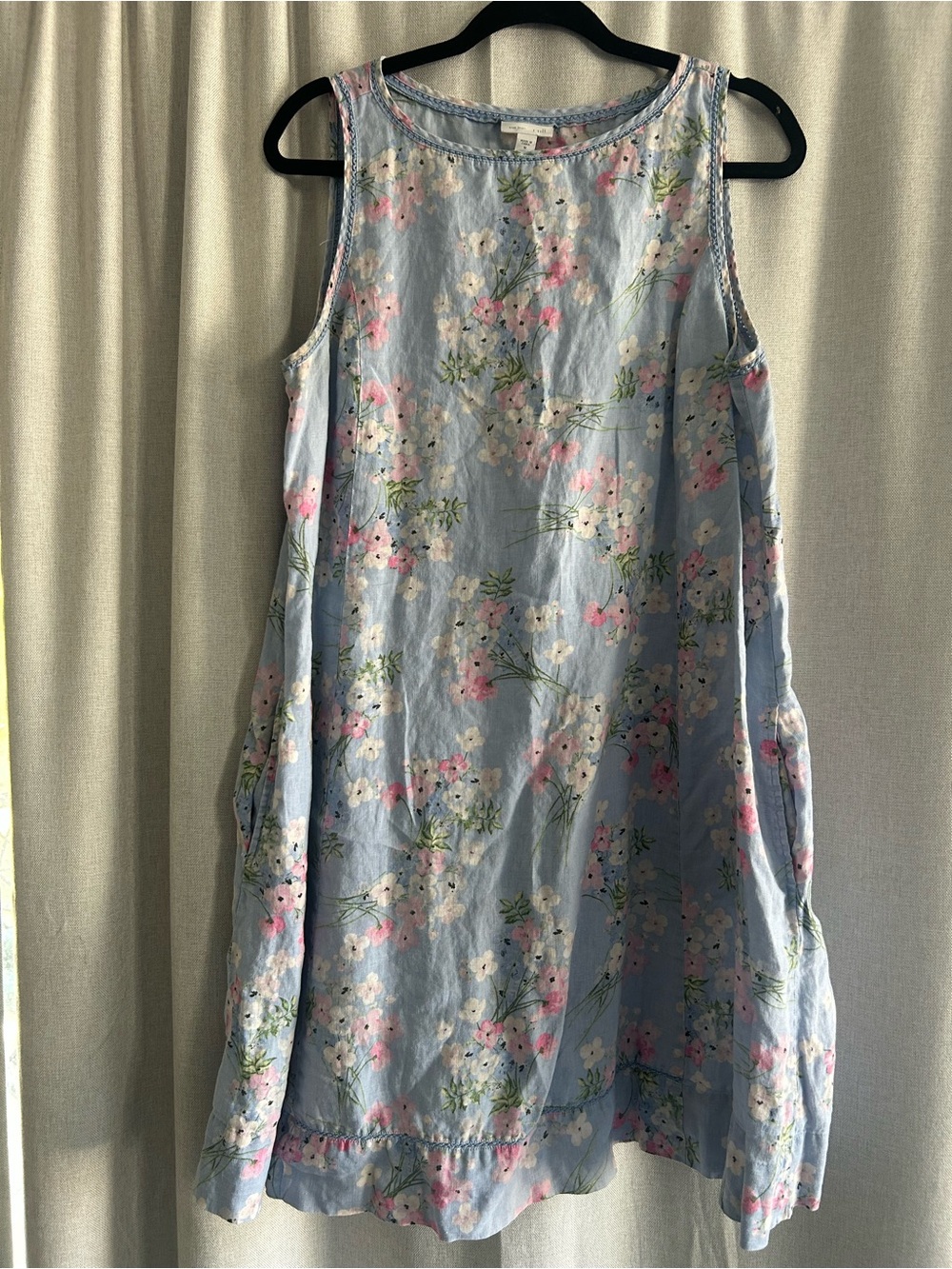 J. Jill Light Blue Floral Midi Dress with Pink & White Blooms